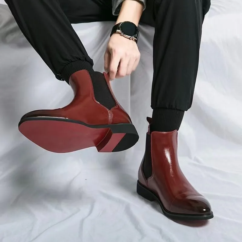 

Men's Classic Red Chelsea Boots Pointed Toe Leather Ankle Boots Men British Style Short Boots High-top Business Formal Shoes