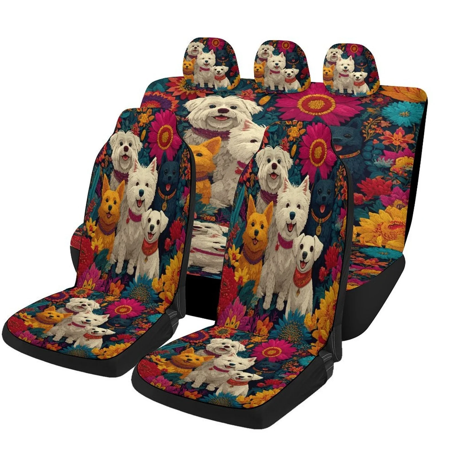 Floral Dogs Garden Themed Car Seat Cover Set - Vibrant Floral & Dog Design, Durable Polyester, Fit For Most Cars, All-Season Use