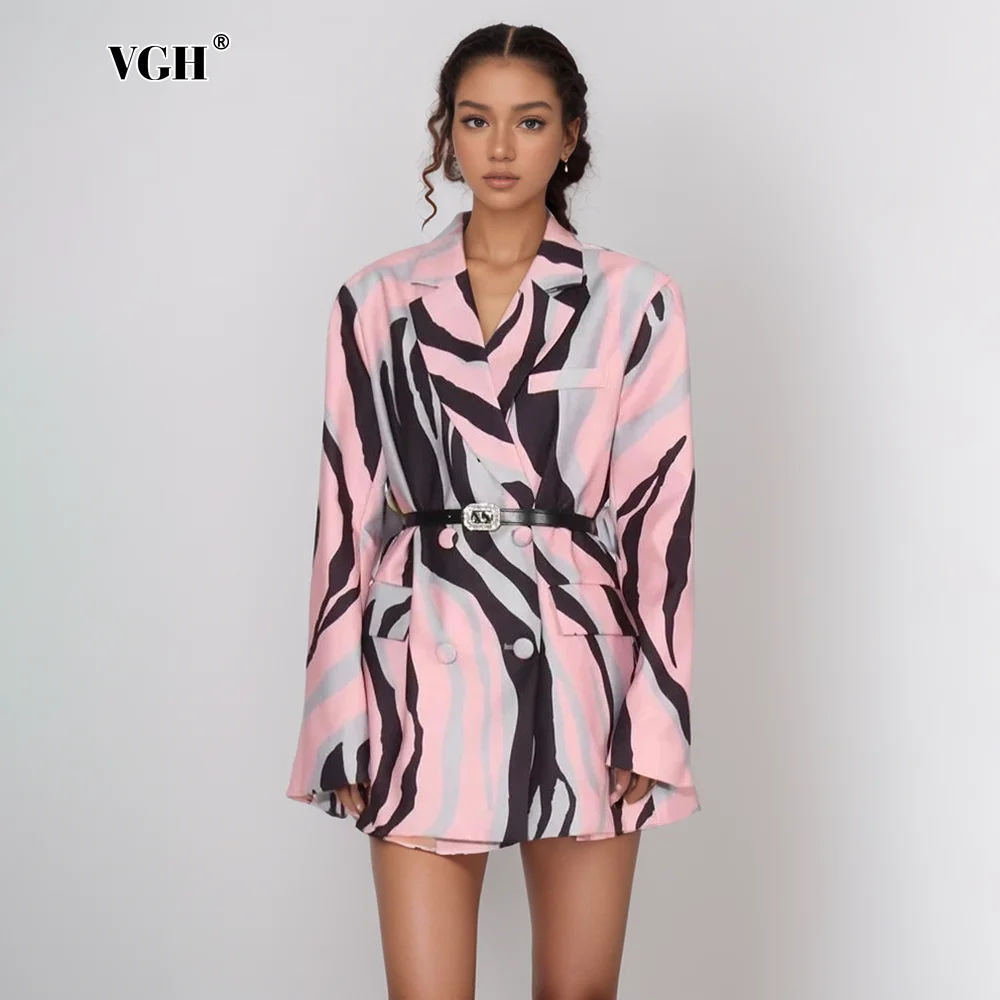 

VGH Hit Color Prinitng Chic Casual Slimming Blazer For Women Notched Collar Sleeveless Spliced Belt Tunic Blazers Female Style