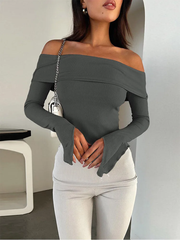 Women's Sexy Slimming Long Sleeved One Shoulder Foldable Tight Top, Spring Nightclub Party, New