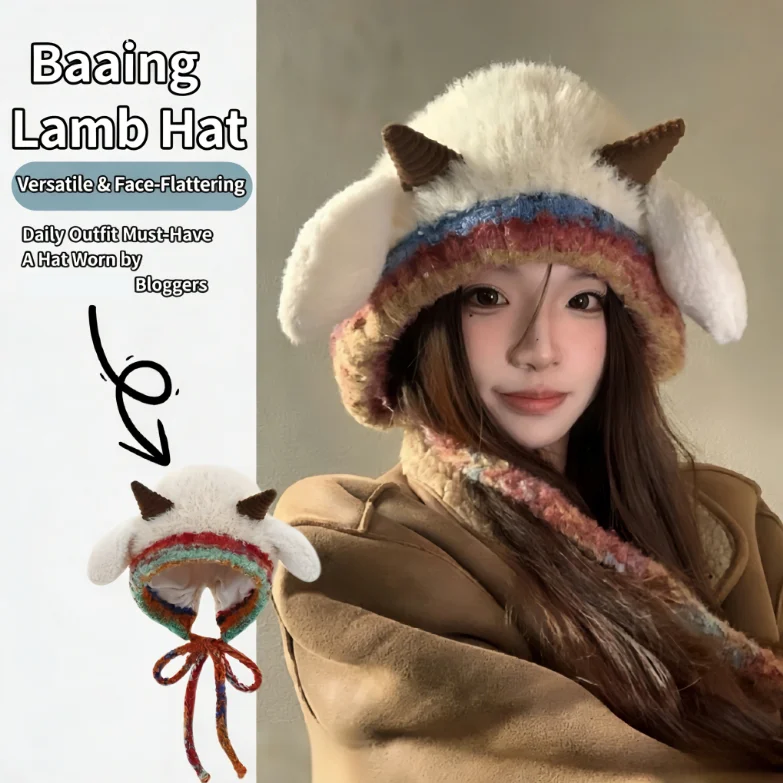 

Женская меховая шапка с рогом ягненка, зимняя теплая вязаная шапка с защитой ушей на флисовой подкладке, милая овечья форма, повседневная шапка для холодной погоды