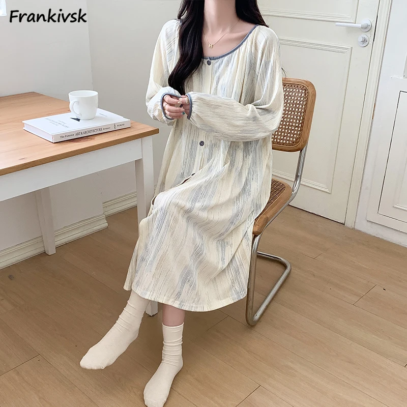 Nightgowns Women Loose All-match Sweet Korean Style Lovely Aesthetic Long Sleeve Slouchy Cozy Popular Homewear Summer Hipster