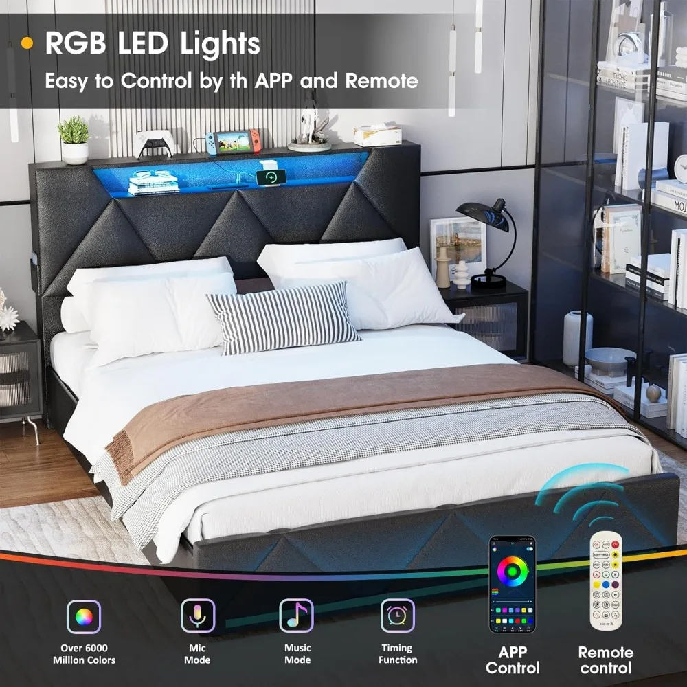 Struttura letto queen size con testiera portaoggetti e 4 cassetti, piattaforma imbottita con luci a LED, testiera regolabile