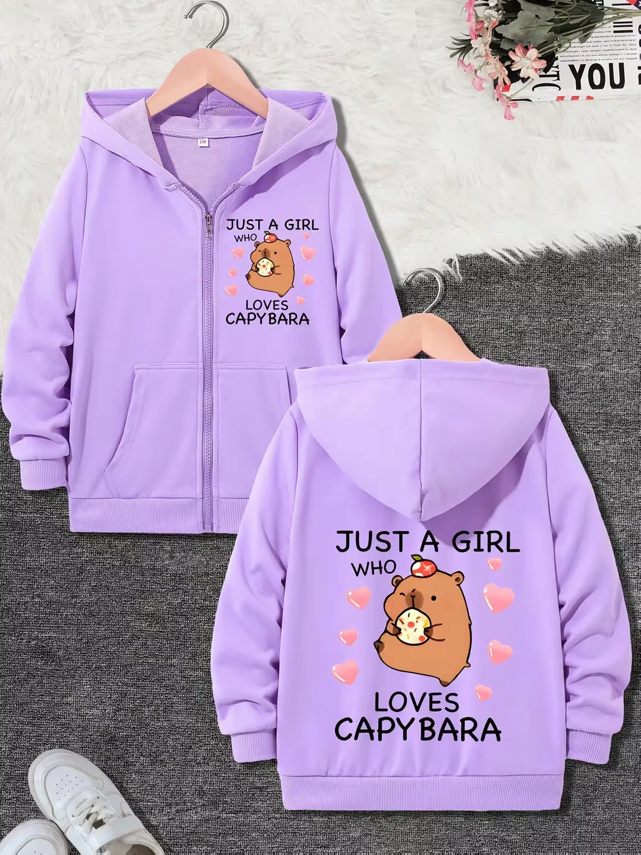 Just A Girl Who Love Capybara Print Kawaii Hoodie Jacket Girls Zipper Funny Anime Cartoon Sweatshirts Zip Up Kids Winter Autumn