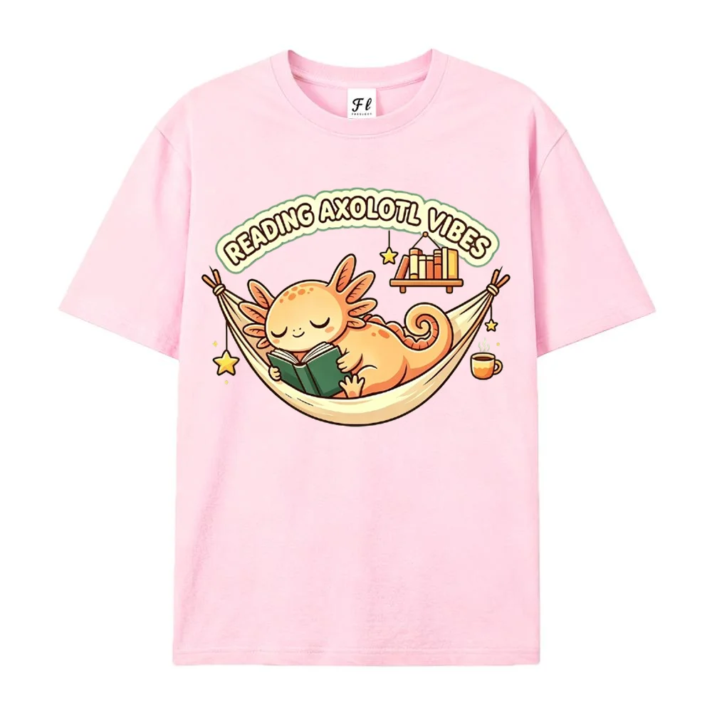 Women's Reading Axolotl Vibes Graphic T Shirt Cute Cartoon Sleeping Book Lover Casual Short Sleeve Pink Tee Gift