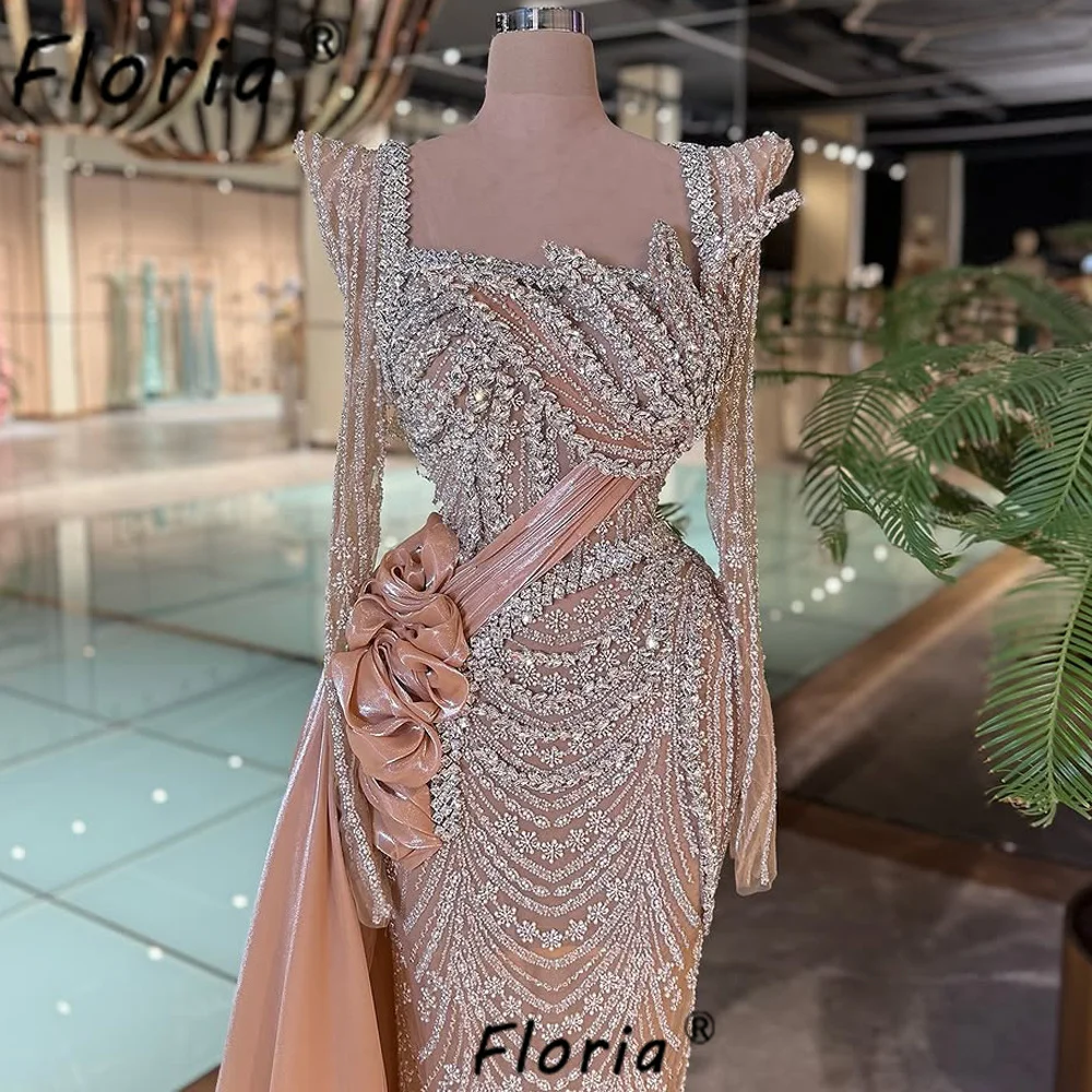 

Luxury Bead Mermaid Evening Dresses with Side Train Dubai Woman Crystals Evening Party Gown Champagne Vestido Noche Customized