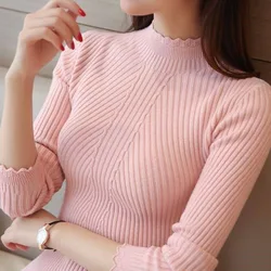 Autumn Winter Women Sweaters Korean Fashion Slim Mock Neck Ruffles Jersey Sweaters Solid Long Sleeve Knitted Bottoming Pullovers