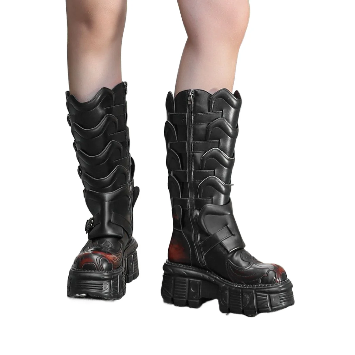 Fashion Punk Genuine Leather Motorcycle Boots Street British Platform Heavy Metal Workwear Sexy Rock Mid-calf Boots Zip Flame