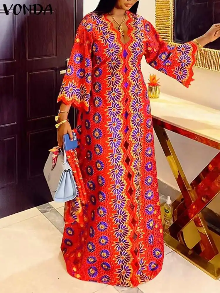 Plus Size 5XL VONDA Bohemian Long Maxi Dress Summer Printed Party Dress Women Vintage Sundress V Neck 3/4 Sleeve Casual Vestidos