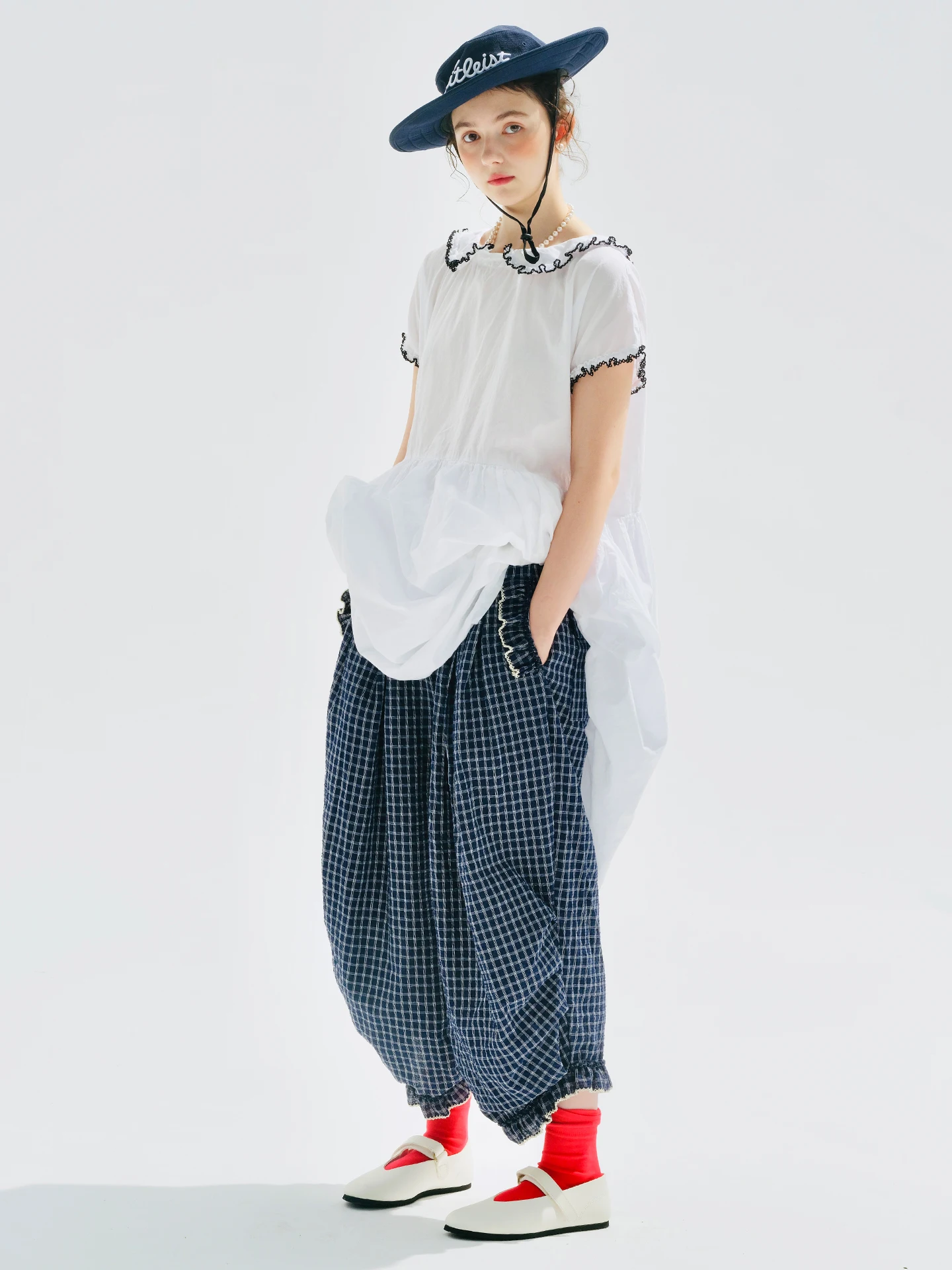 Women's Navy Blue Checkered Harem Pants with Elastic Cuffs and Drawstring Waist Casual Fashion Daily Wear 255196