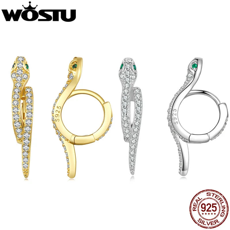 WOSTU Golden Snake Hoop Earrings For Women 925 Sterling silver 18K Gold Zircon Ear Buckles Wedding Party Statement Jewelry Gift