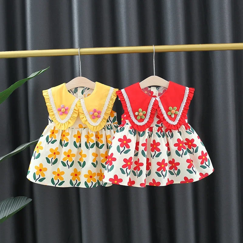 Girls Summer Skirt New Children's Wear Lace Colored Flip Collar Korean Printed Tank Top Dress Flower Dress