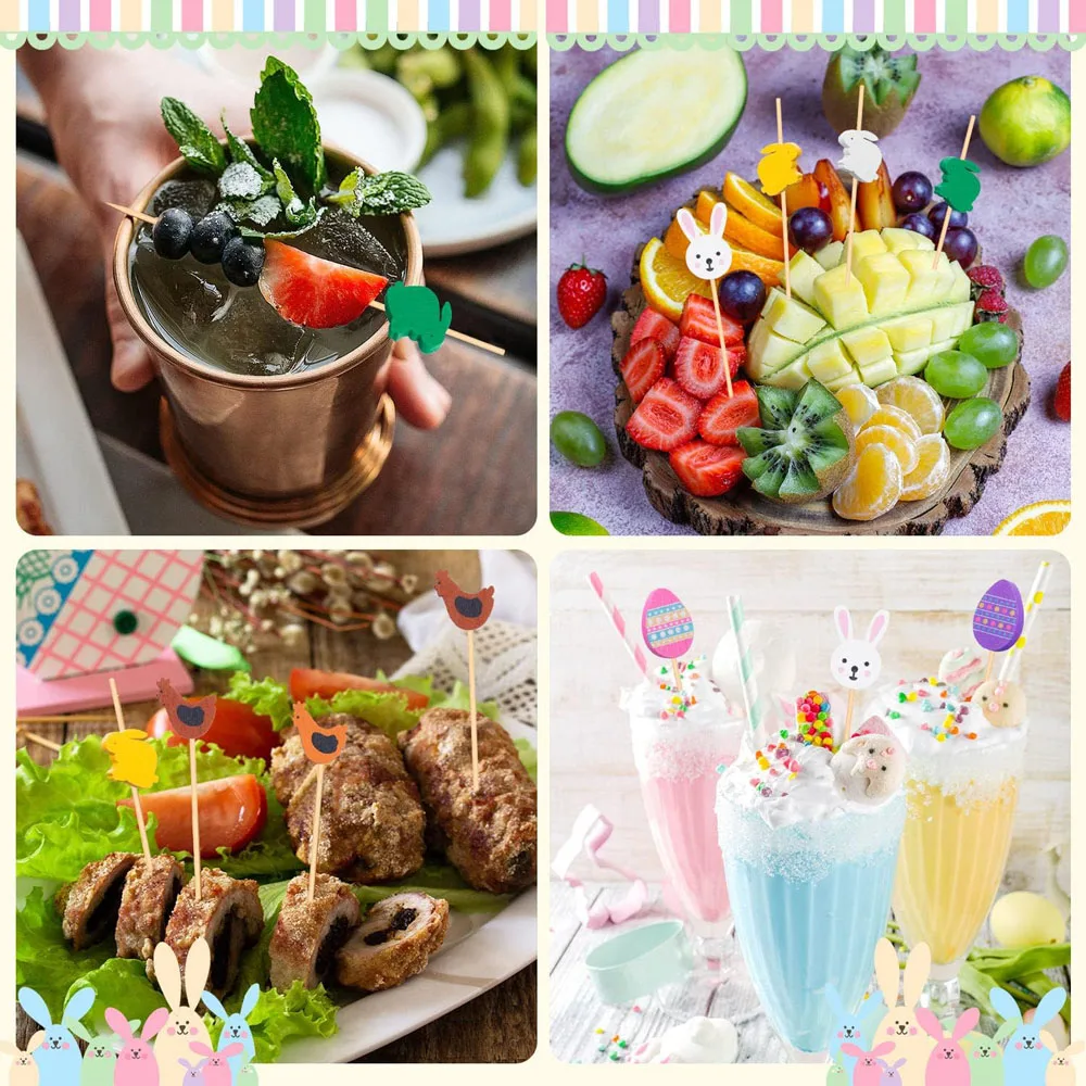 100pcs Easter Disposable Food Fork Bamboo Skewers Rabbit Easter Eggs Fruit Sticks Sandwich Buffet Stick Easter 2024 Decoration