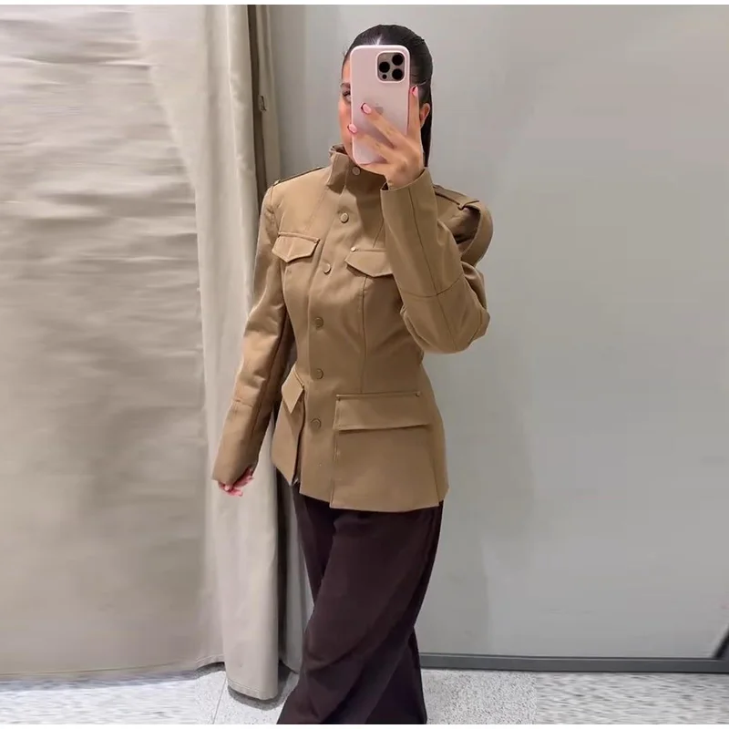 Women's Vintage Trench Coat Slim Fit Stand Collar Utility Jacket with Pockets Autumn Spring Outerwear 5