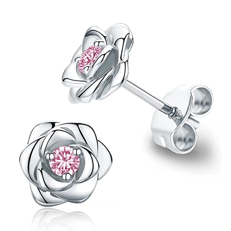 Women's Exquisite Rose Stud Earrings with Cubic Zirconia