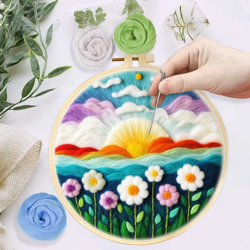 CHENISTORY Wool Felting Painting Kit Flowers Landscape Embroidery Diy Felt Crafts Package Felt Needle For Handwork Home Decors