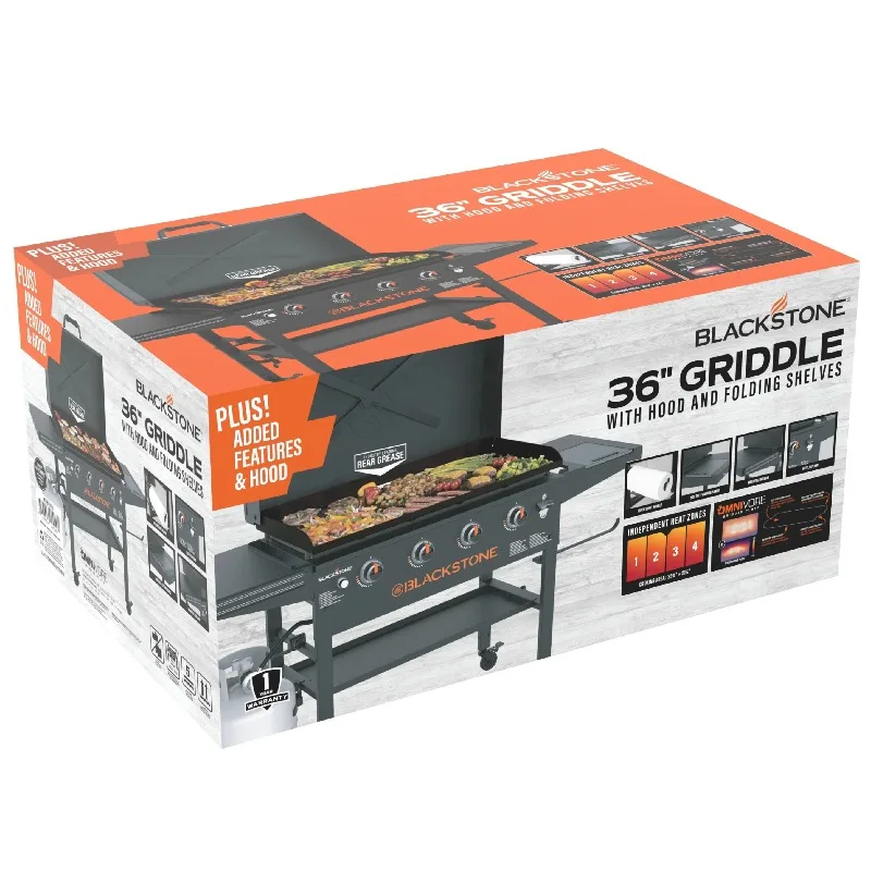 شواية بلاكستون الأصلية ذات 4 شعلات مقاس 36 بوصة من البروبان أومنيفور للاستخدام الخارجي مع غطاء محرك السيارة وأرفف جانبية قابلة للطي