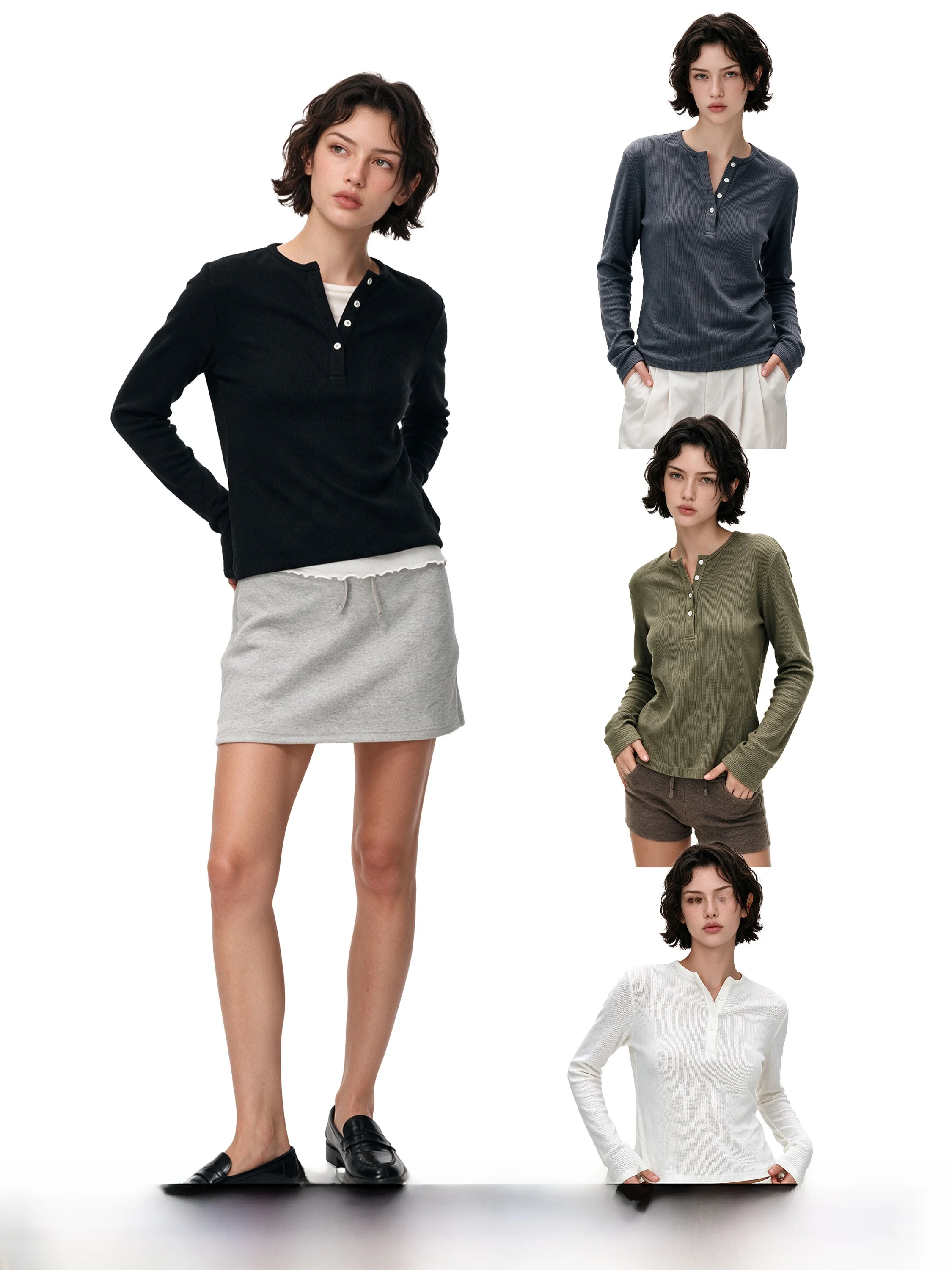 Gogo Burn Black Long Sleeve Henry Collar T-Shirt Women's Autumn Slim Fit Base Shirt Waisted Casual Style Short Length