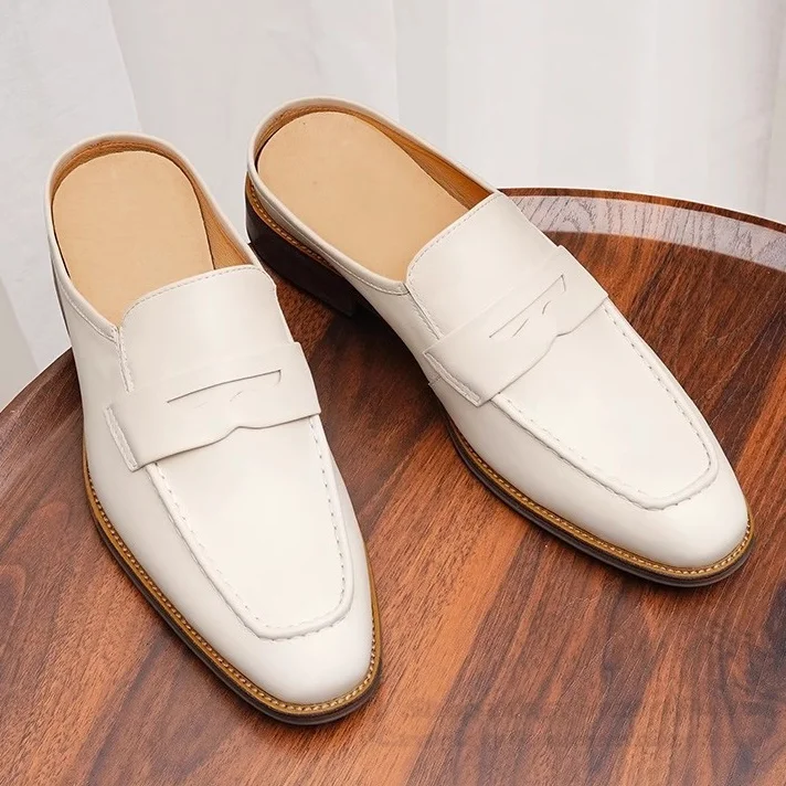 

Handmade Business Men's Leather Shoes Summer British Low Heel Slipper Half Drag Cowhide Leather Lazy Shoes Solid Color Mules