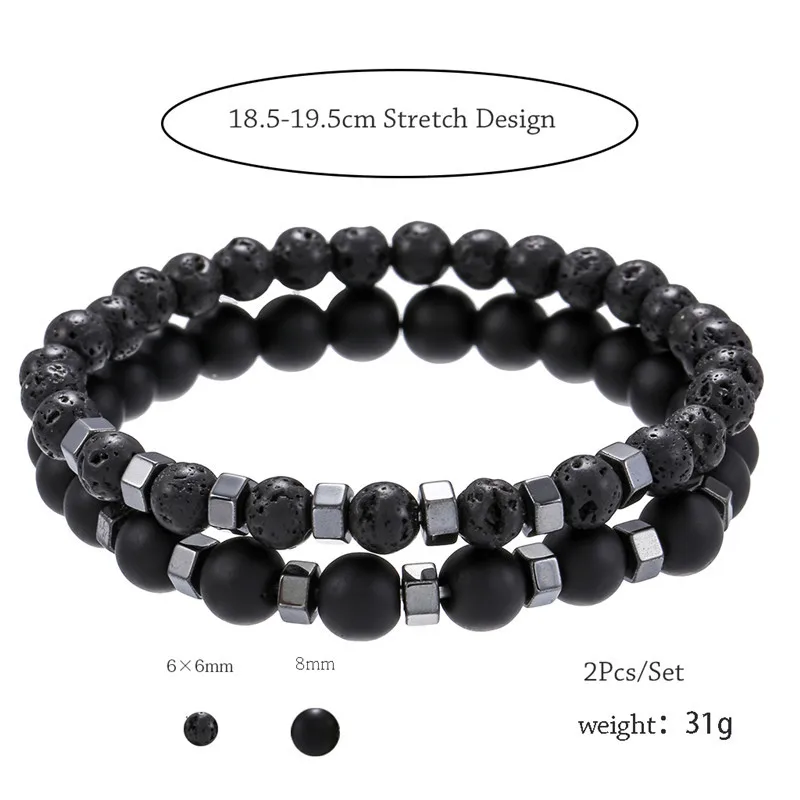 2pcs/set Beaded Bracelet Men 8mm6mm Volcanic stone Bead Charm Men Bracelet Sets Jewelry Gift Pulsera Hombre