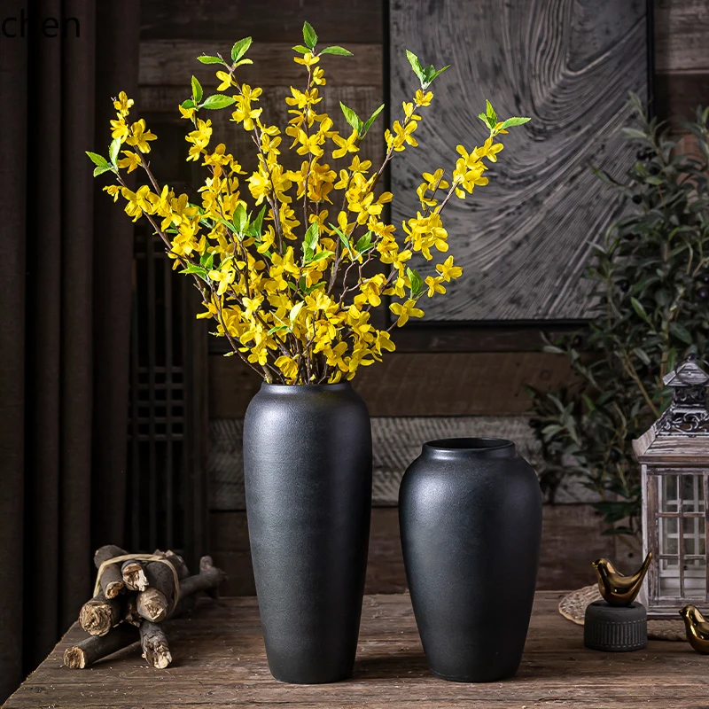 LXC Ceramic Retro Black Clay Pot Vase Ornament Living Room Silver Willow Floor Large Winter Green Dried Flower Arrangement