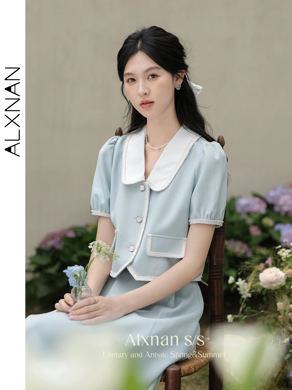 ALXNAN Lapel Button Up Cropped Blouse & Shirt 2024 Summer New Woman Clothing Light Blue Short Sleeve Womens Tops Shirts L35301