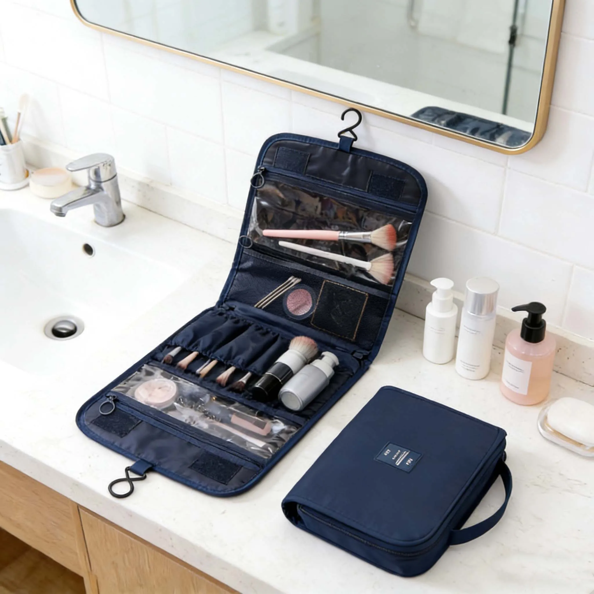 Premium Waterproof Travel Makeup Bag for Women – Hanging Toiletry Organizer with Hook, Spacious Bathroom Wash Pouch & Dry-Wet Se