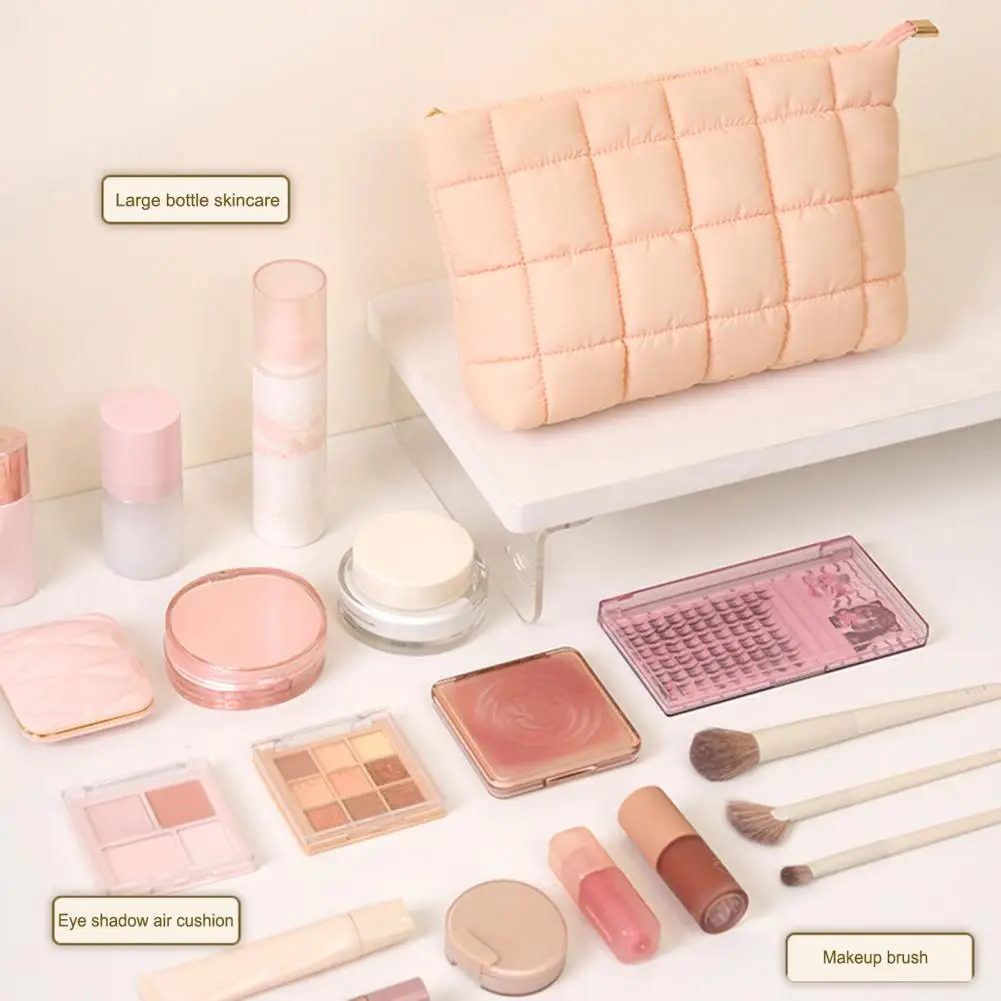 Fluffy Cosmetic Case Compact Quilted Cosmetic Bag with Top Zipper Closure Spacious Travel Organizer Pouch Handbag Makeup Storage