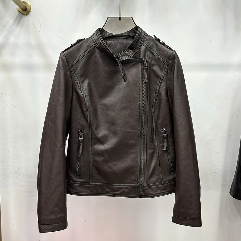 

Women Classic Spring Black Genuine Sheepskin Leather Moto Biker Style Jacket Coat Autumn Real Leather Jacket