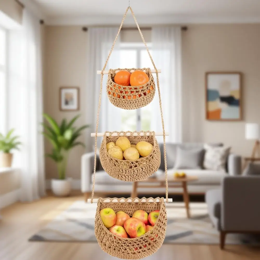 

3-Tier Woven Hanging Basket Set, Rustic Wall Storage for Kitchen & Bathroom, Bohemian Decor Organizer, Brown