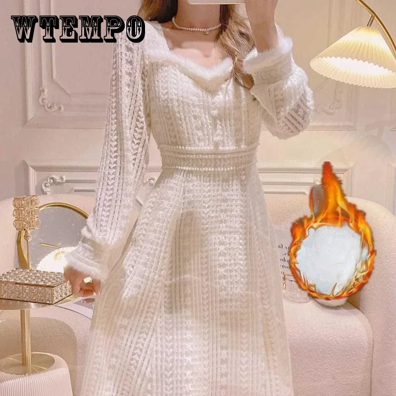 

WTEMPO Women's Long Sleeve Fleece Lined Sweater Dress Maxi Dress Slim Waist A Line Dress Vintage Winter Fall Plush Lined Dress