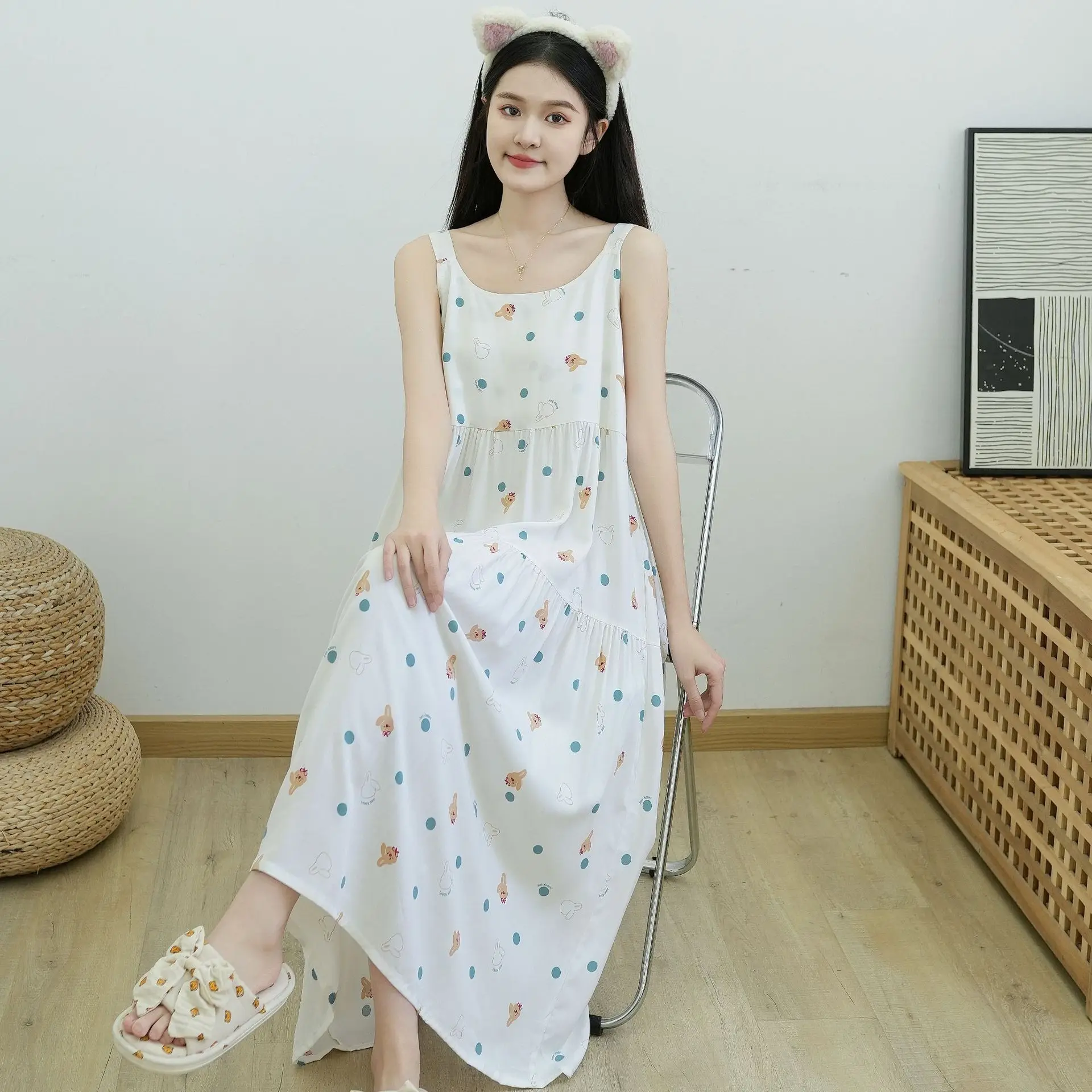 New Sexy Nightgown Sleeveless Pajamas Summer One Piece Dress Sleepwear Outside Nightdress Girl Home Dress Women's Home Clothes