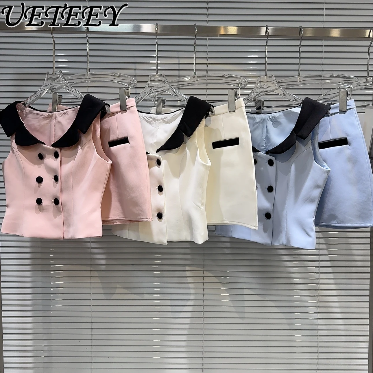 Cute Girls' Two Piece Set Summer New French Sleeveless Top Color Effect Collar Side Vest Temperament Hip Skirt Suit Outfits