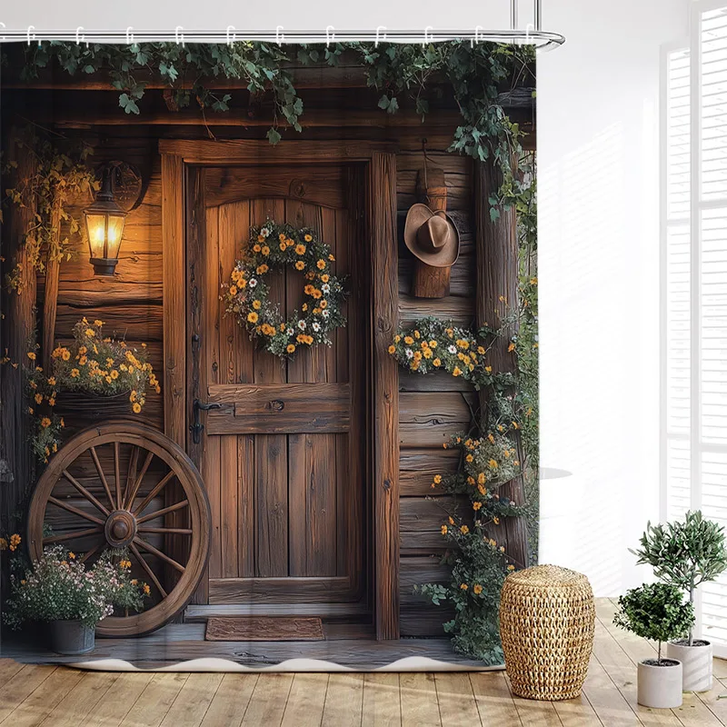 Brown Wooden Door Shower Curtain Farm Barn Floral Plant Wood Wheels Polyester Fabric Home Bathroom Curtains Decor with Hooks