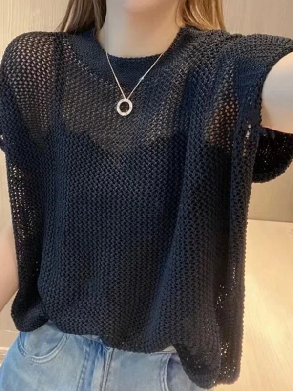Slimming Fit Summer Knitwear round Neck Hollow out Ice Silk Simulation Lazy Style Casual Top for Women Short Sleeve T-Shirt