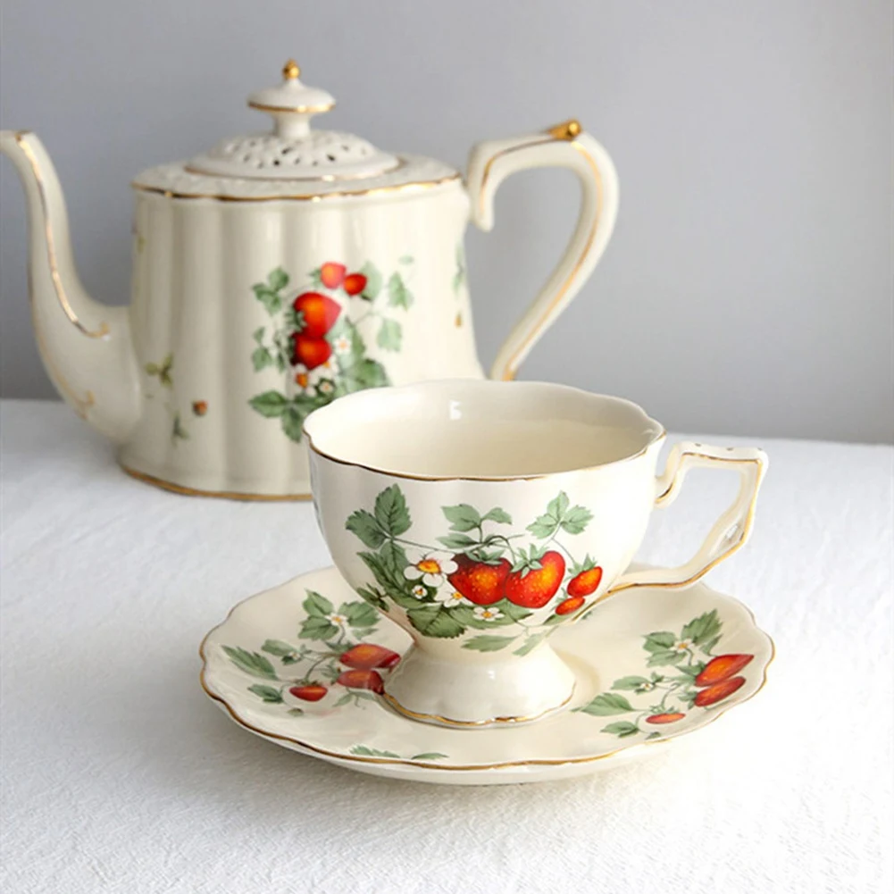 French Retro Teapot Coffee Cup Set Gold Edge Cup Saucer Flower Big Teacup English Afternoon Tea Cup B