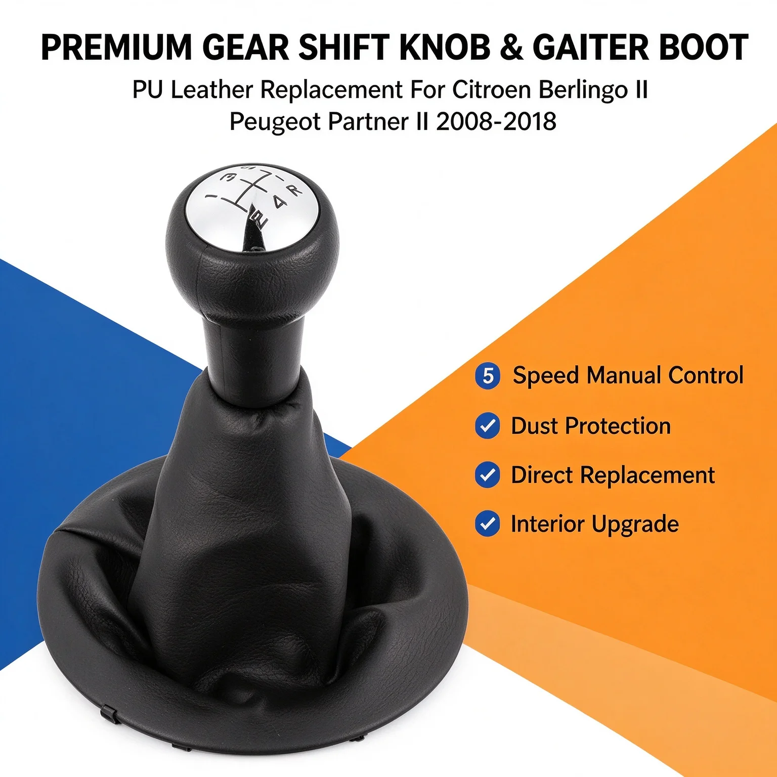 5 Speed Manual Gear Shift Knob & Gaiter Boot Set PU Leather Replacement For Citroen Berlingo II Peugeot Partner II 2008-2018