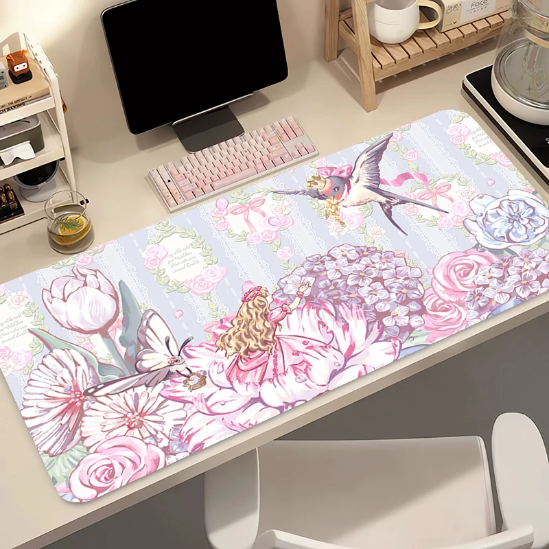 

Portable Mouse Pad Office PC Gaming Non-slip Desk Mat Computer Retro Illustration Keyboard Pad Pink Anime Flower Girl Mousepad