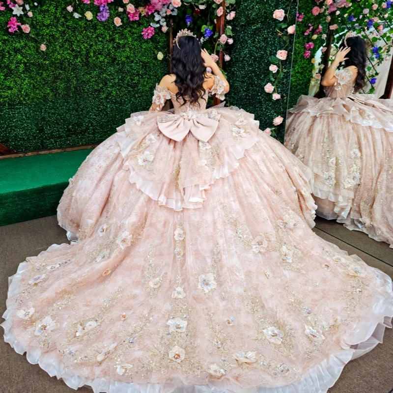 

Розовые платья для церемонии Quinceanera с открытыми плечами, аппликацией в виде цветов, бисером, кристаллами, бантом и корсетом, для вечеринок, дней рождения, на 16-летие, Vestidos 15
