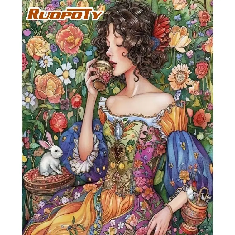 RUOPOTY Картина по номерам «Девочка с цветами» на холсте, пейзаж, интерьер, с рамкой, картины по номерам