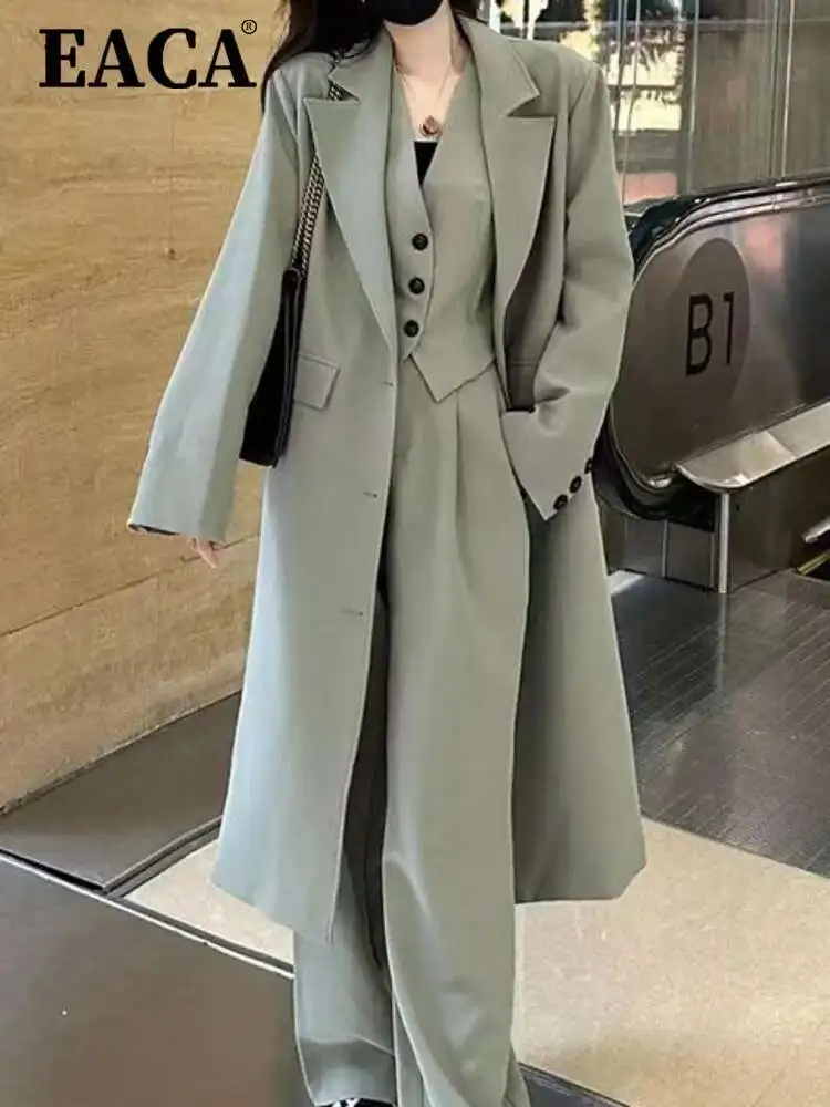 

EACA Solid Color Versatile 2024 Autumn New Style Temperament Simple Loose High-end Women's Single Breasted Pants Three Piece Set
