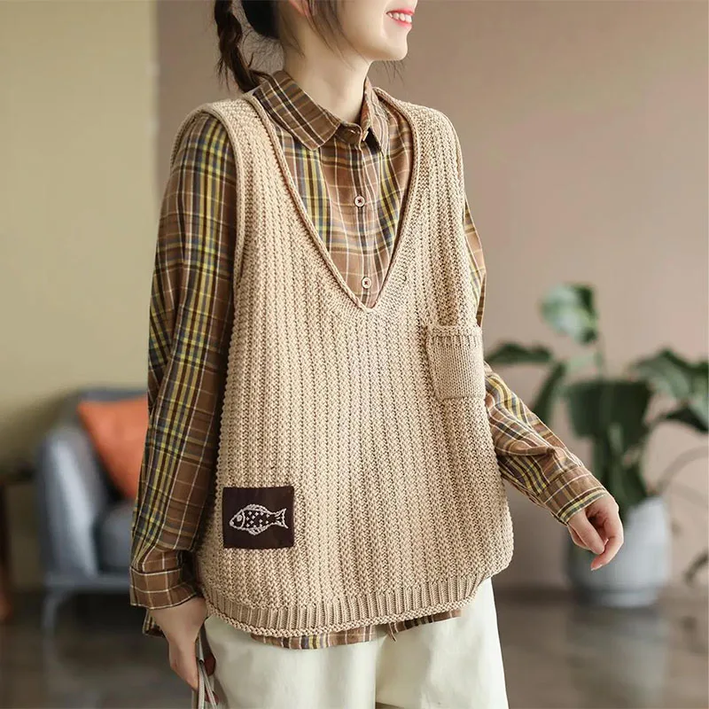 Vintage Women Knitted Sleeveless Sweaters Vest Spring Autumn New Fashion Loose Pullover V-Neck Korean Oversized Casual Tops 2023