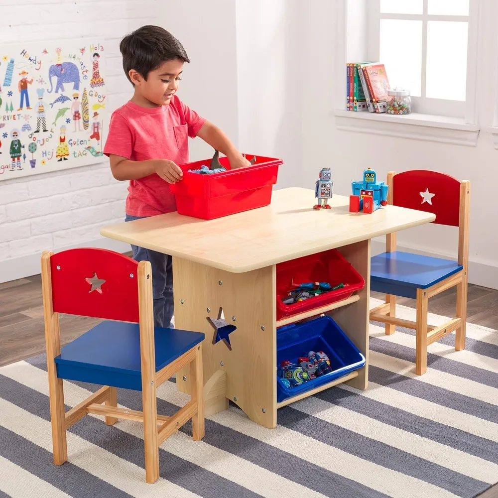 Houten Ster Tafel & Stoel Set Met 4 Opbergbakken, Kindermeubilair-Rood, Blauw & Naturel