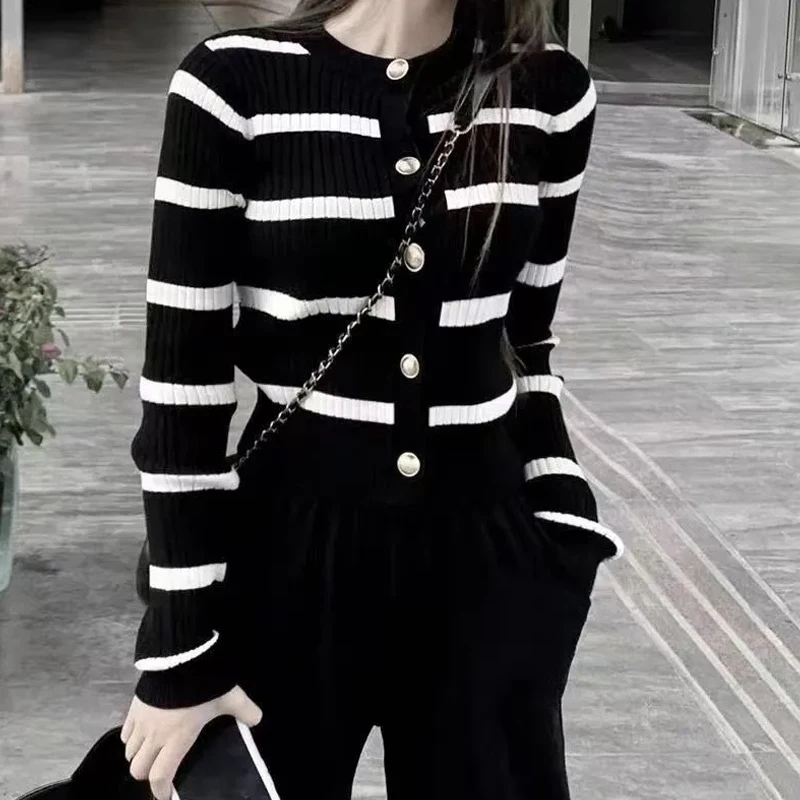 Striped Cardigan For Women 2023 Korean Sweater O Neck Long Sleeve Knit Cardigan High Street Top Coat Slim Tricot Y2K Outerwear