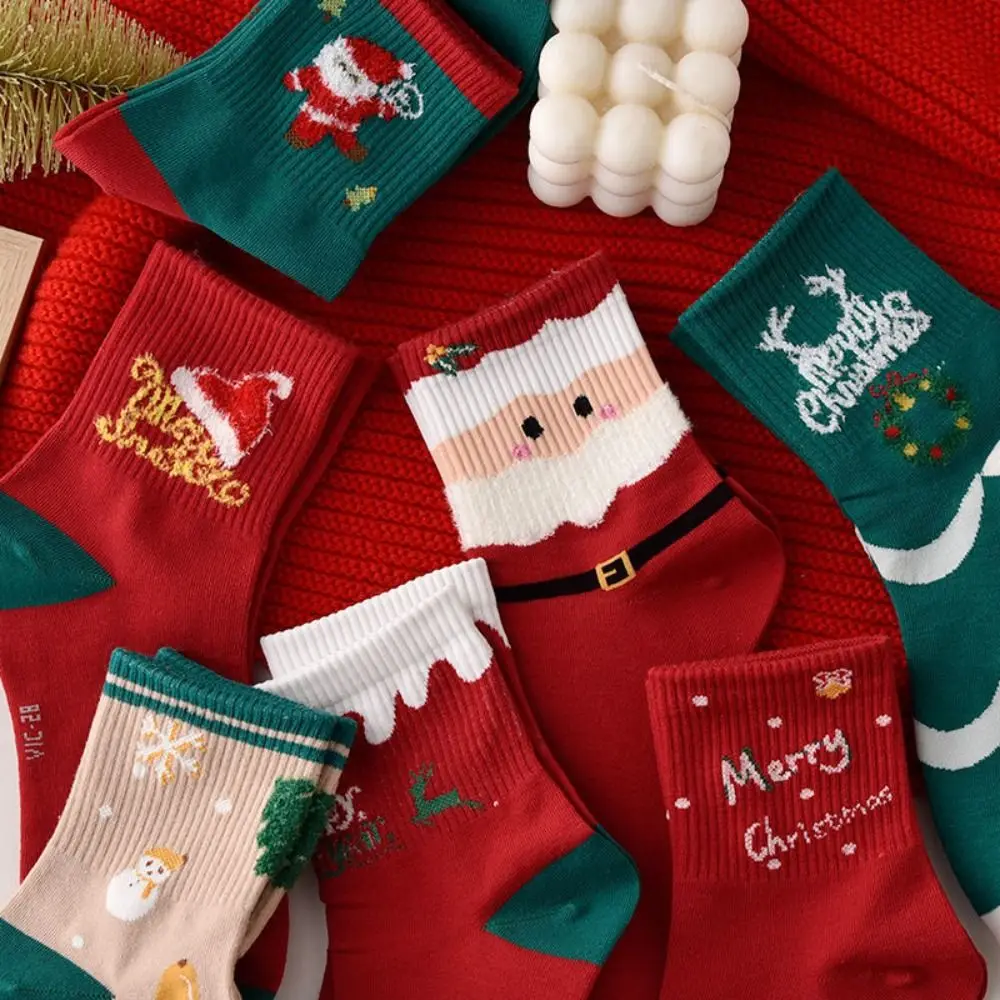 5Pairs Soft Cartoon Christmas Socks Snowman Elk Mid-calf Socks Hosiery Patchwork Cotton Socks Women Boy