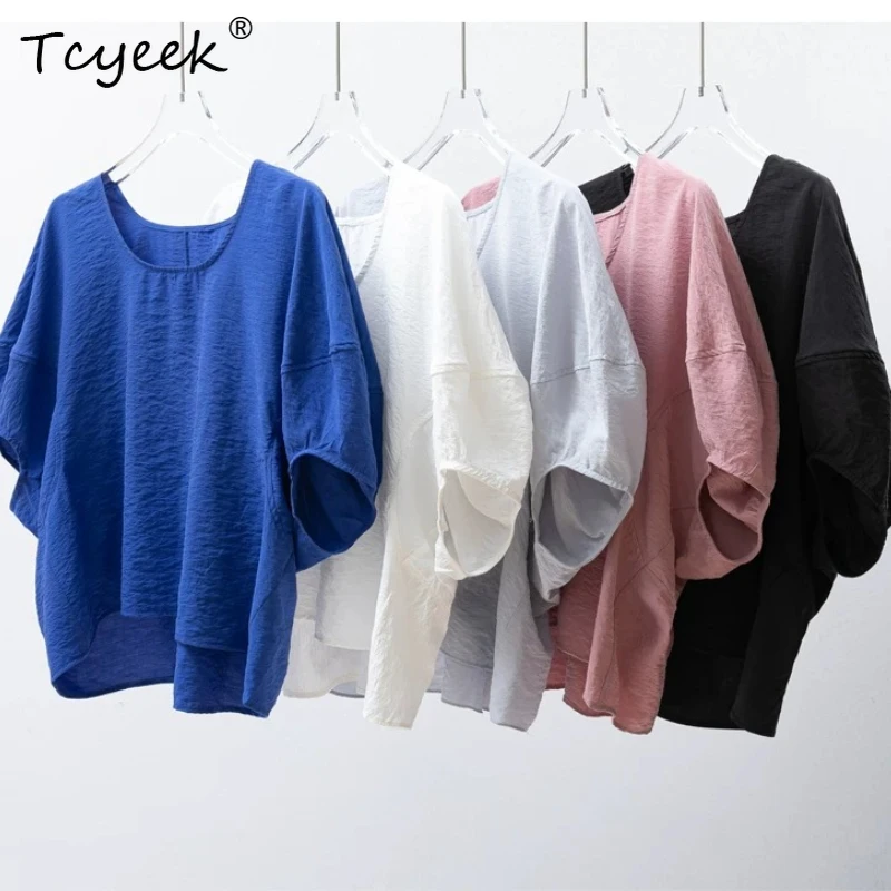 

Женские шелковые рубашки Tcyeek (76% натурального шелка) 2026 года, летние, элегантные, с пышными короткими рукавами, круглым вырезом, топы для женщин