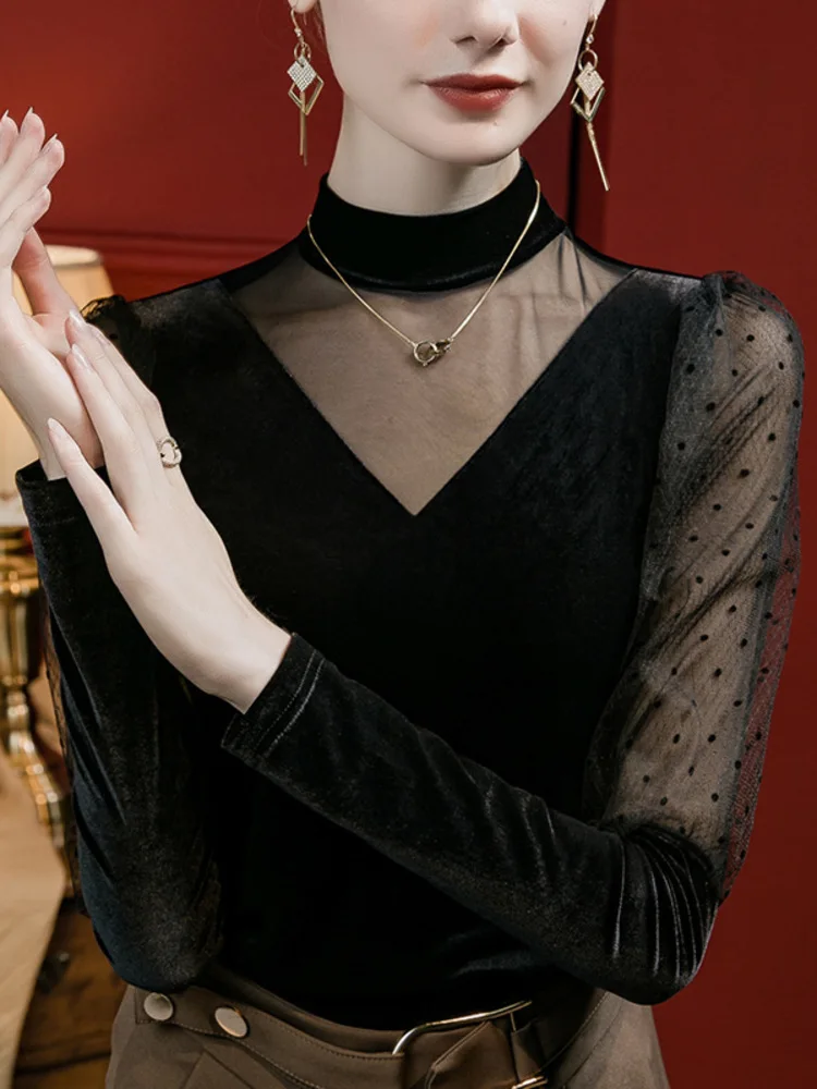 클래식 무용 공연 및 무대 연습복, 라틴 댄스 라인 탑용 메쉬 패치워크 하이넥 퍼프 소매 슬림핏 탑