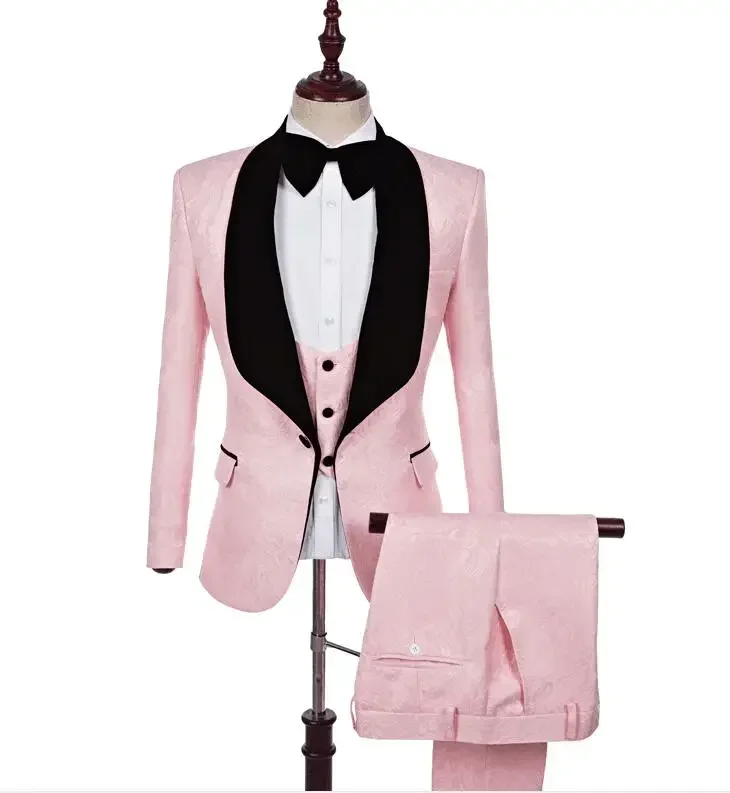 

High Quality Hot Pink Jacquard Men Suit Shawl Lapel Formal Wedding Suits Men Smart Casual Blazer Slim Fit 3 Piece Prom Tuxedo