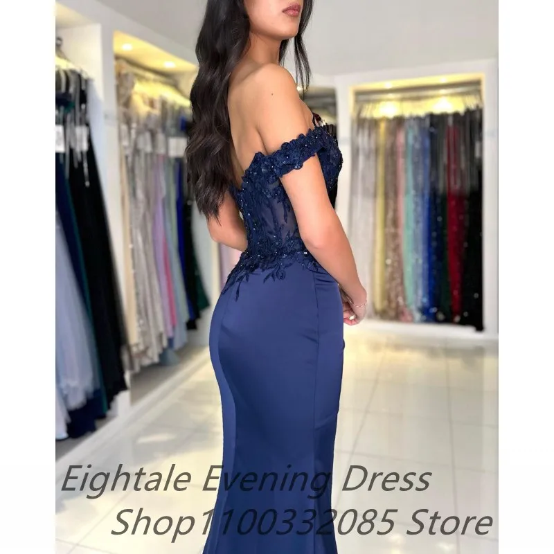 Eightale Customized 2025 Navy Blue Mermaid Prom Dress Off Shoulder Floral Appliques Evening Dress Women Formal Party Gown