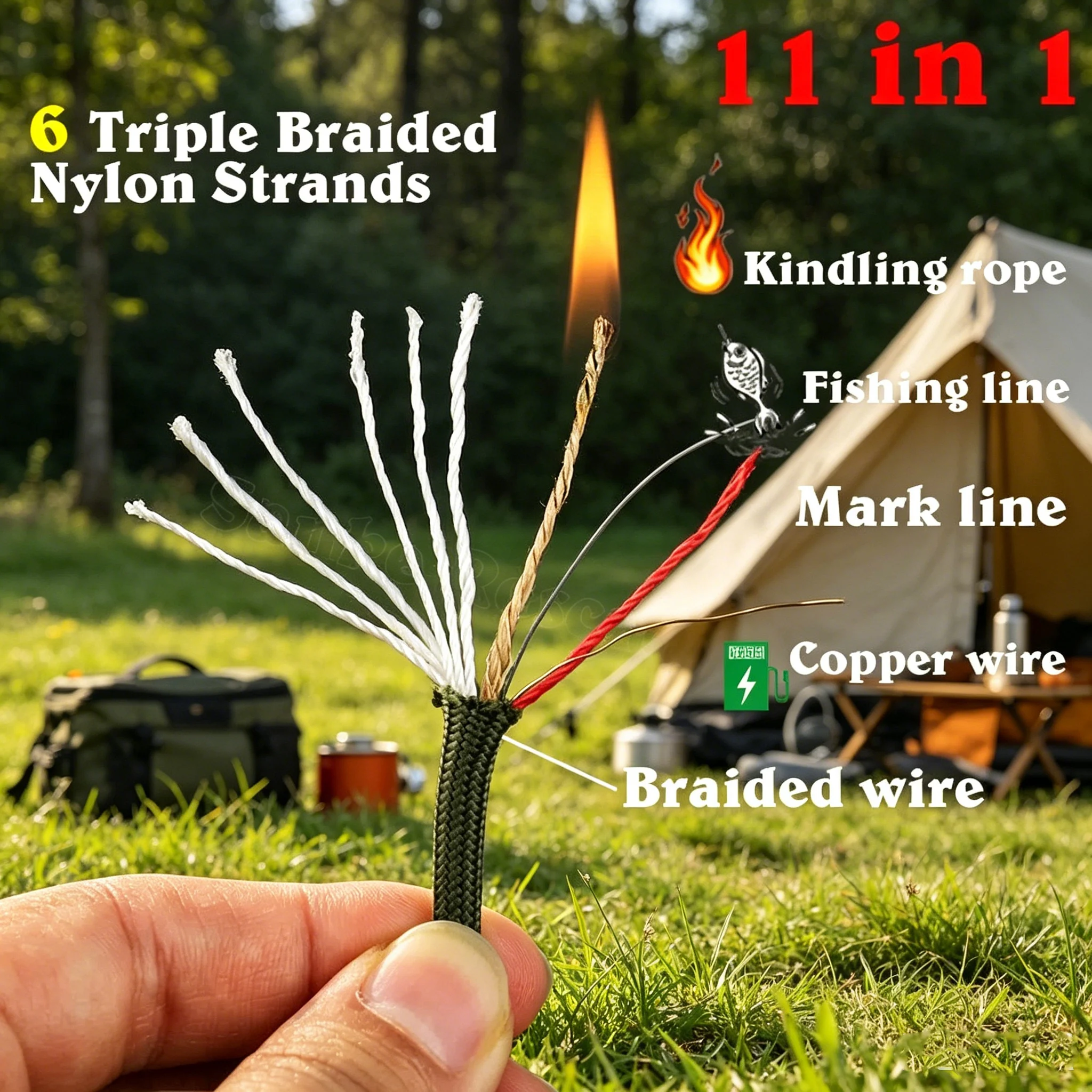 Corda Paracord 6 Kindling 550 25/100FT 10 Fios 4mm para Acampamento, Sobrevivência, Pesca, Caminhada e Ferramenta de Sobrevivência ao Ar Livre